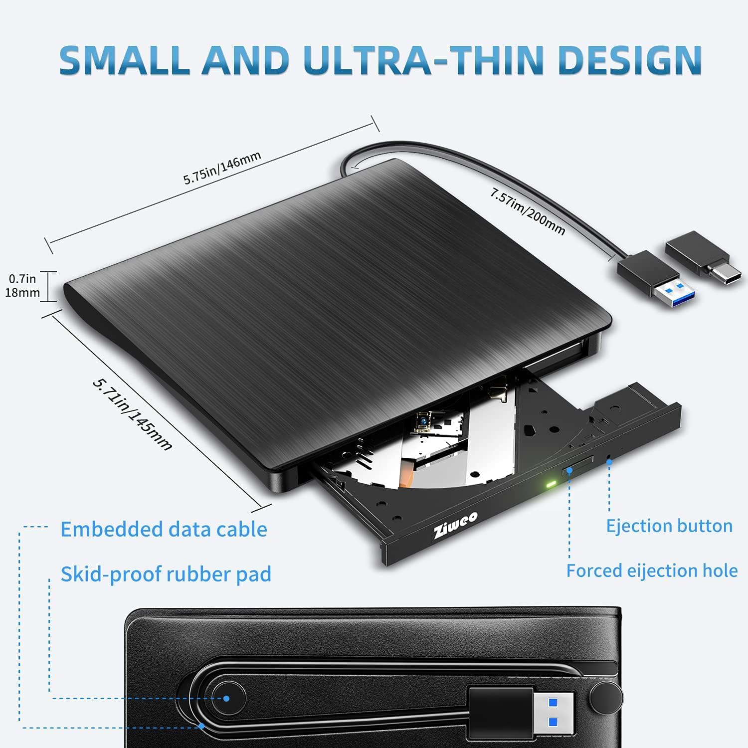 Detalle de Ziweo External CD/DVD Drive — Portable USB 3.0 Type-C Burner and Reader