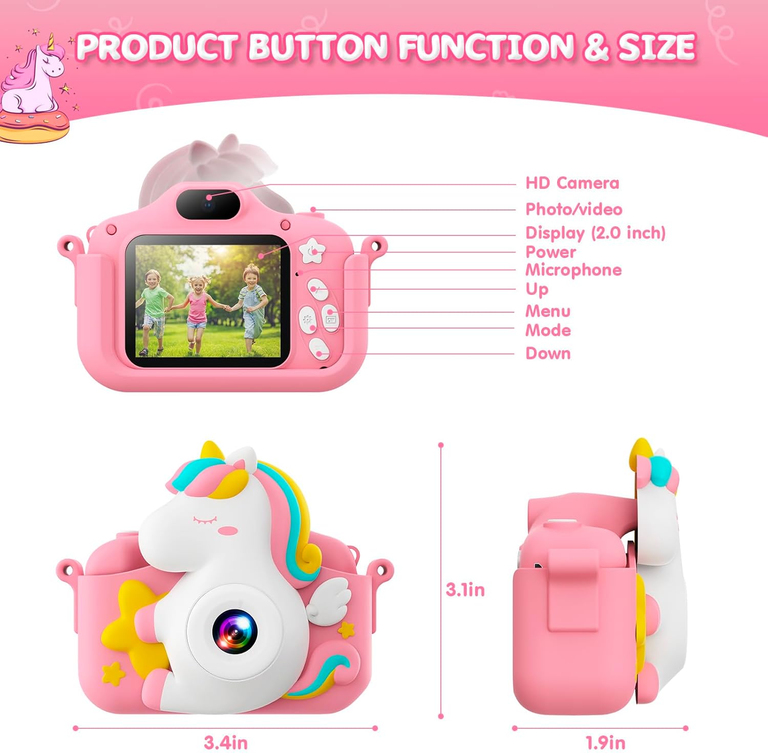 Thumbnail 6 de CAMCLID Macchina fotografica per bambini con custodia in silicone, schermo IPS da 2" e video 1080P (rosa, 3-12 anni)