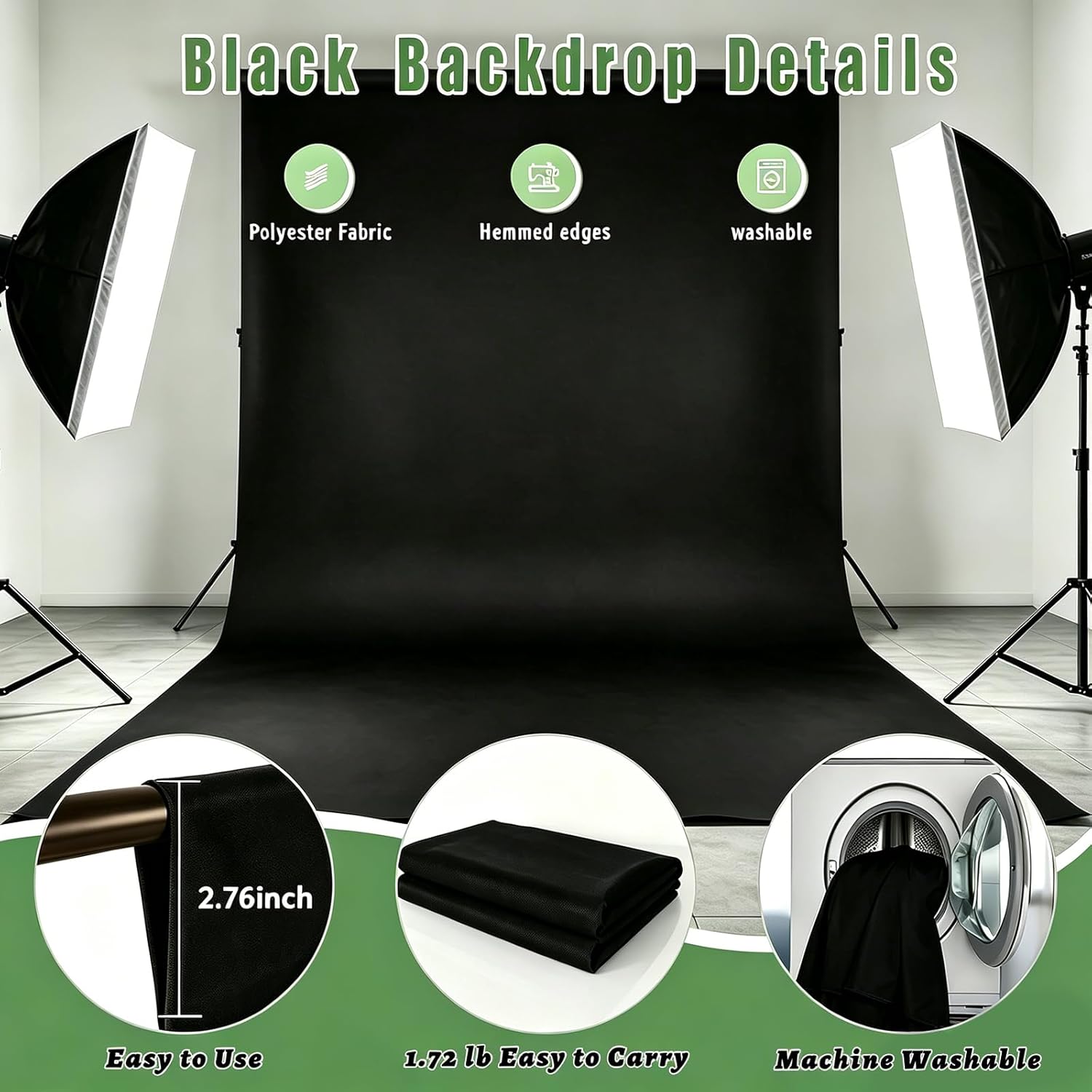 Thumbnail 6 de Black Photo Backdrop for Photoshoot (8FTx10FT) Polyester Fabric for Portraits, Product Photos & Video