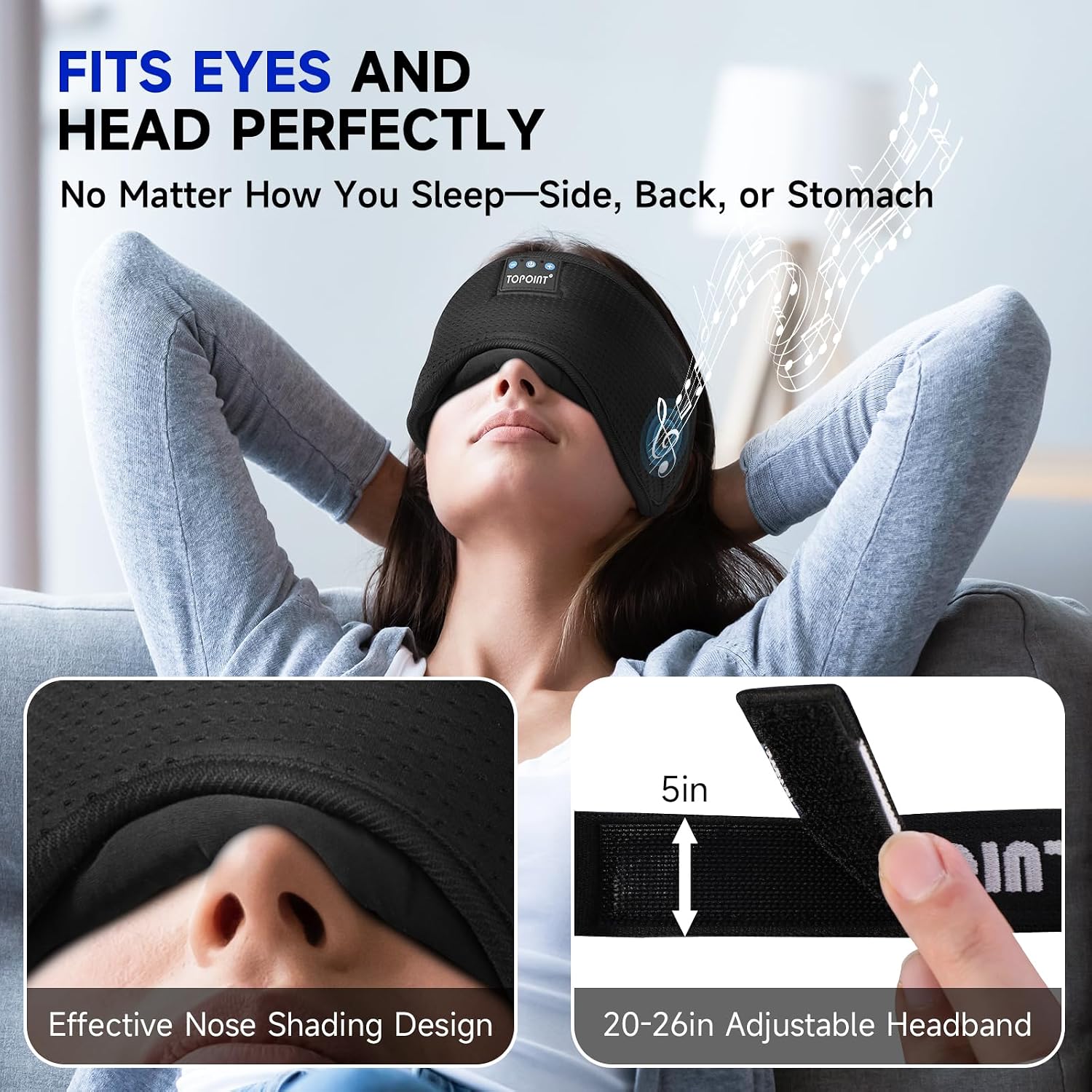 Detalle de TOPOINT Sleep Mask Headphones Bluetooth 5.4 for Travel
