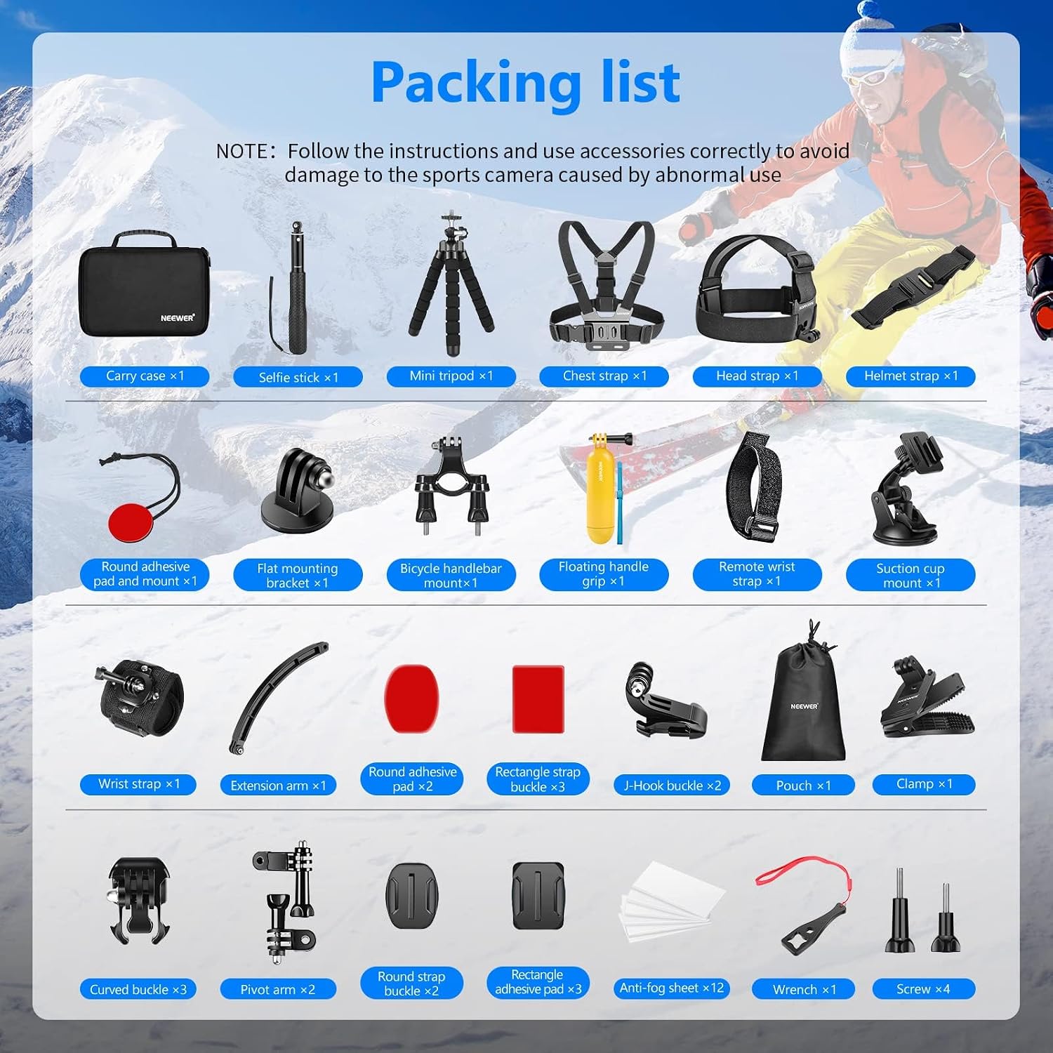 Detalle de NEEWER Kit d’accessoires pour caméra d’action 50 en 1 (compatible GoPro, DJI Osmo Action, Insta360, AKASO et plus)