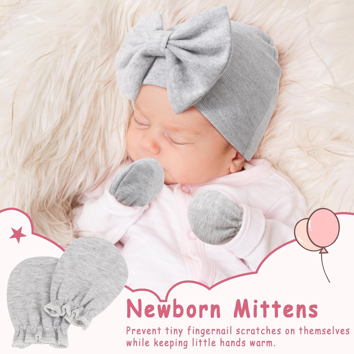 Thumbnail 2 de DRESHOW Newborn Baby Hats Mittens Set: Soft Cotton Beanies with Scratch-Free Mittens for 0–6 Months