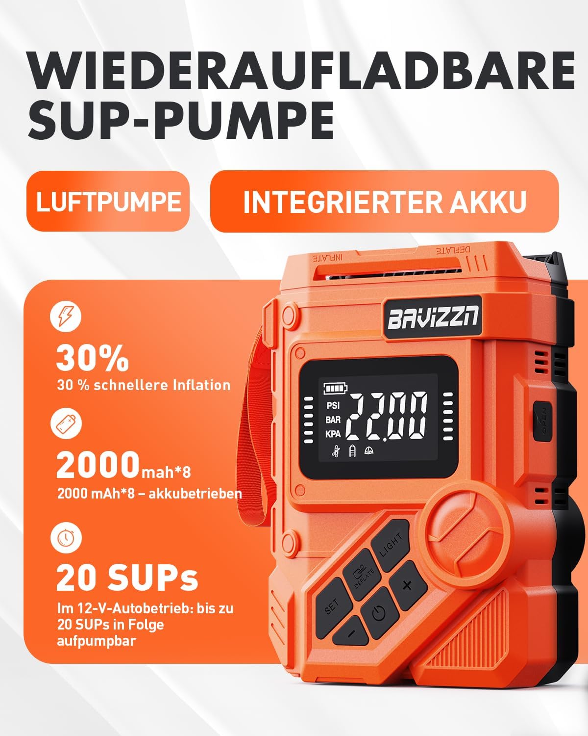 Detalle 2 de BAVIZZN 22PSI Akku SUP Elektrische Pumpe – vielseitig, Akku + 12V, 4 Modi, LED