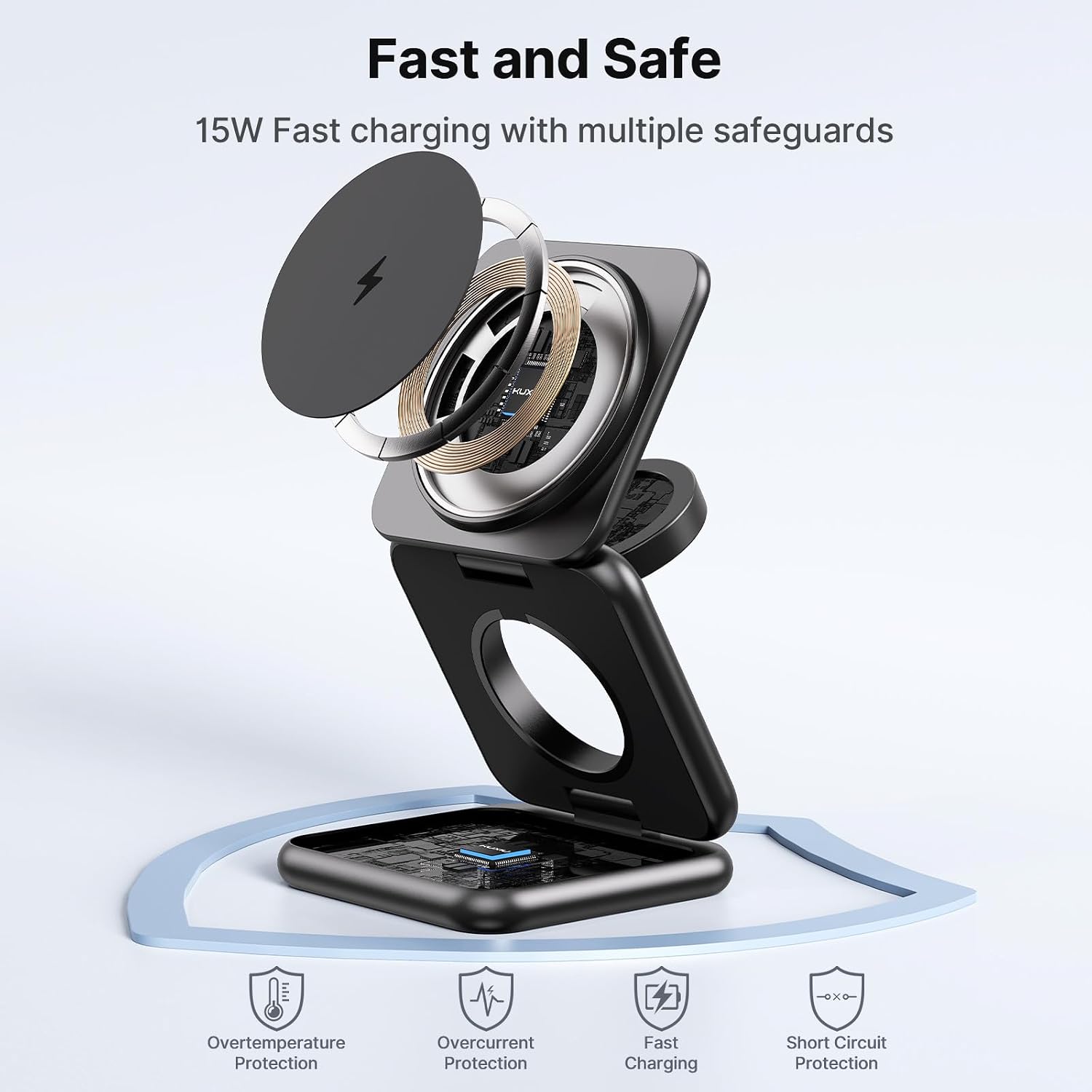 Detalle de Alilong 3 in 1 Wireless Charging Station with MagSafe - Foldable, Zinc Alloy Travel Stand