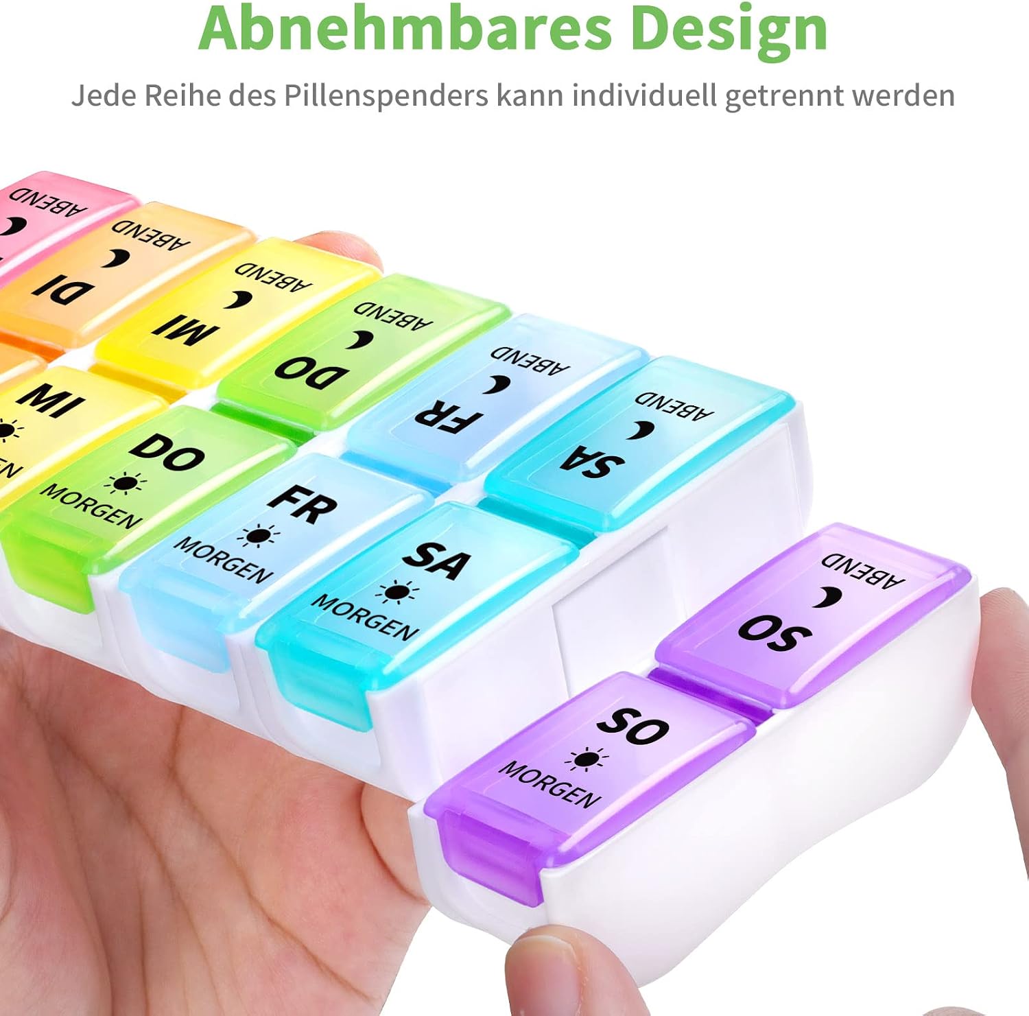 Detalle 2 de Opret Deutsche Tablettenbox für 7 Tage (2 Fächer: morgens/abends), abnehmbar mit deutschem Aufdruck