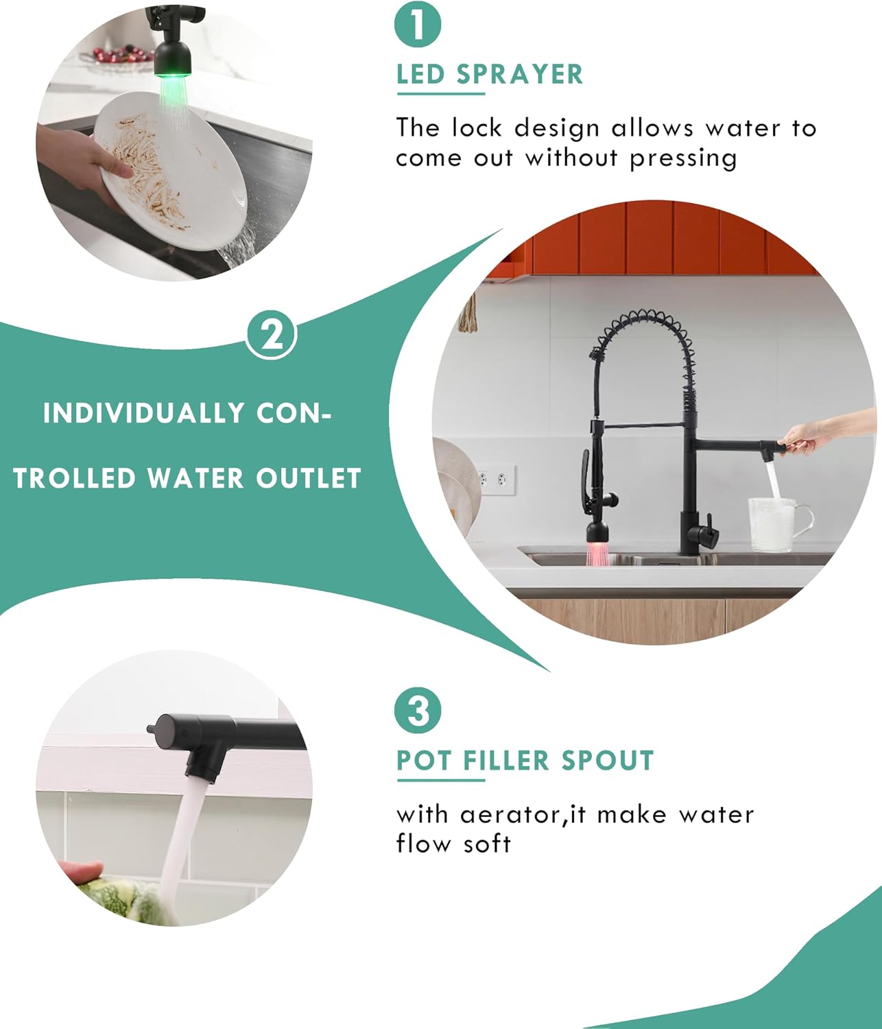Detalle de Fapully DFA-5006B Kitchen Faucet, Matte Black Stainless Steel with LED Sprayer