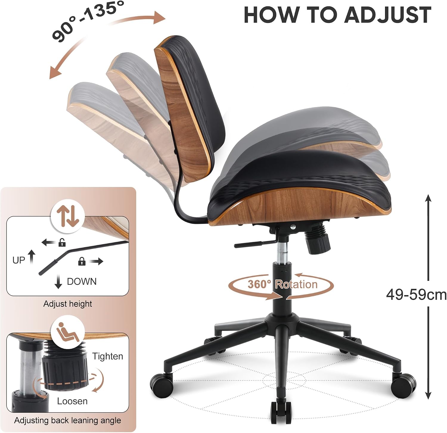 Thumbnail 2 de BERYTH Bürostuhl ohne Armlehne mit Leder-Optik, Holz-Panel und Wippfunktion (bis 136 kg), 360° drehbar – Schwarz