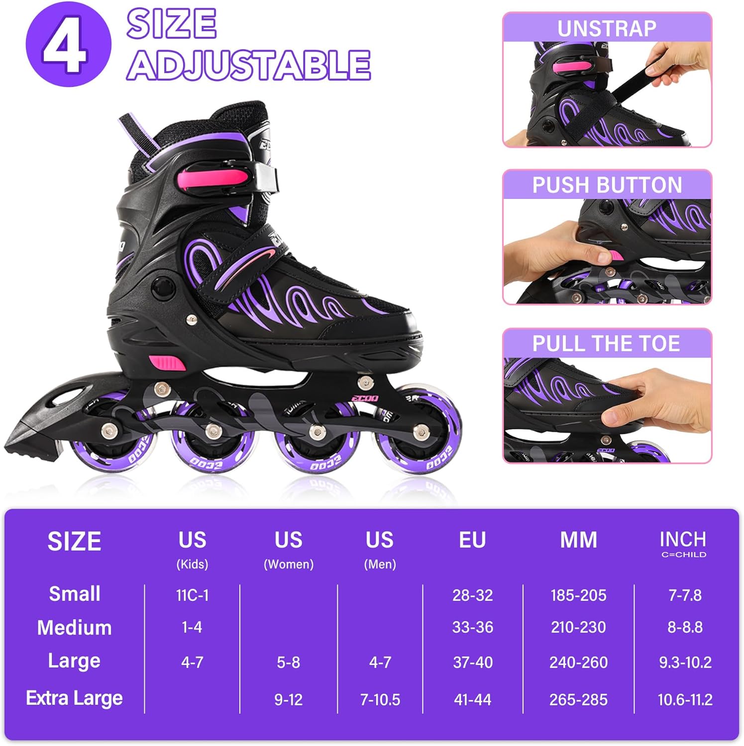 Thumbnail 2 de ECOO Inline Skates for Kids: Adjustable 4-Size Fit with Light-Up Wheels