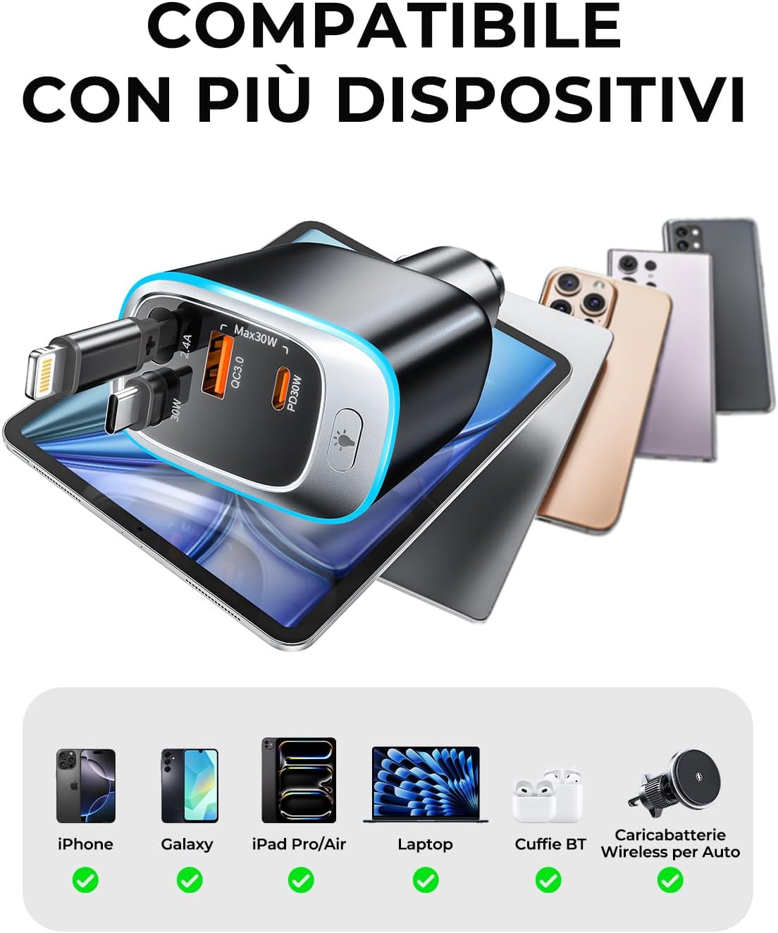 Thumbnail 6 de Rolgno Retrattile Caricatore Auto 72W con 4 porte USB