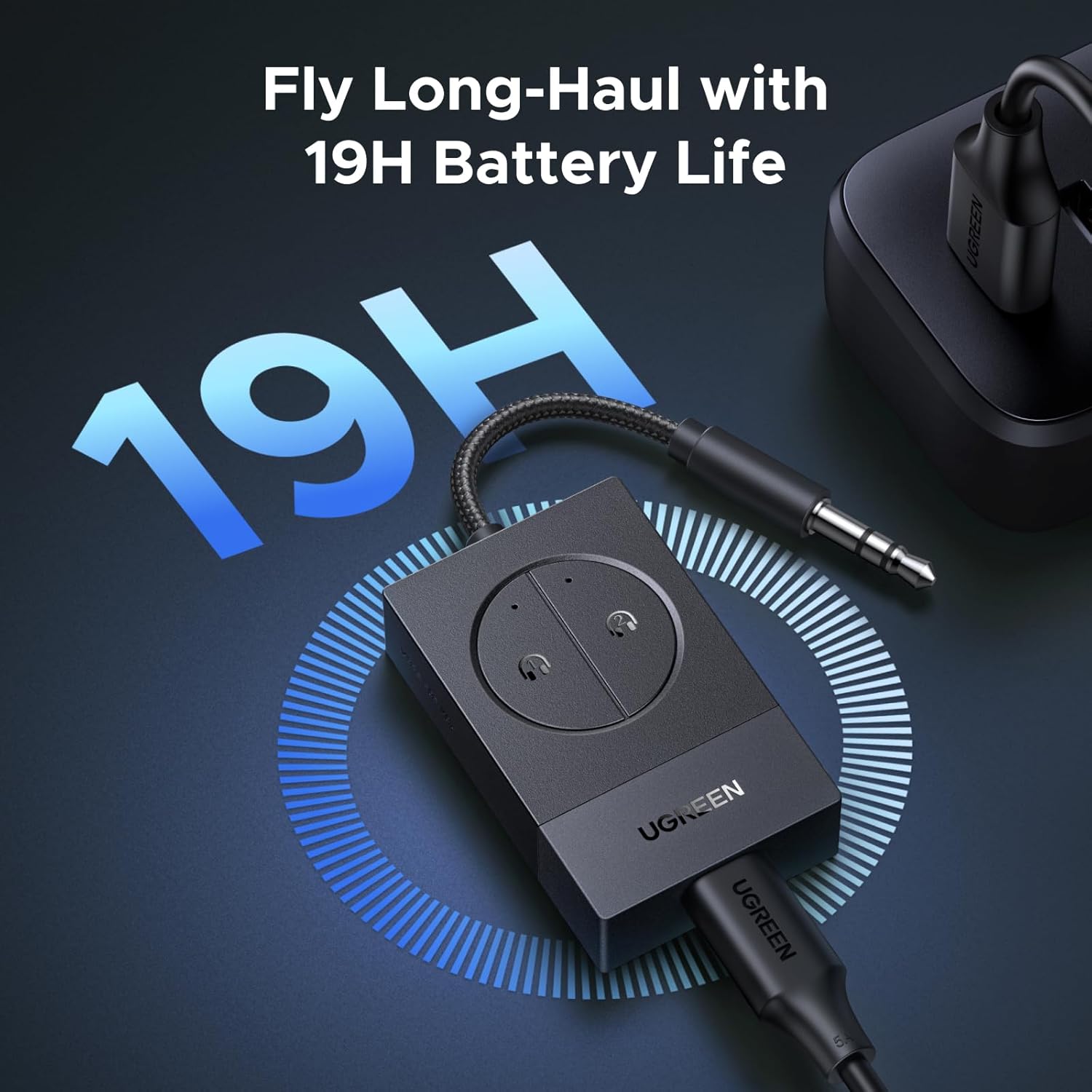 Detalle 2 de UGREEN Bluetooth Transmitter for Airplane 19‑Hour Play