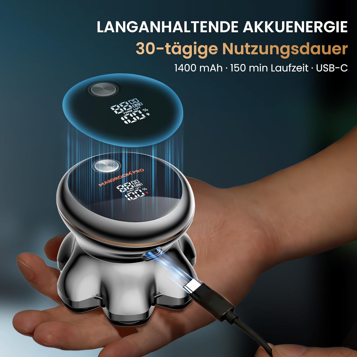 Thumbnail 3 de 7D PRO Glatzen Rasierer Herren MAXGROOM – kabelloser Kopfrasierer mit schwebendem 7D-Kopf, IPX6 und 1400 mAh Akku