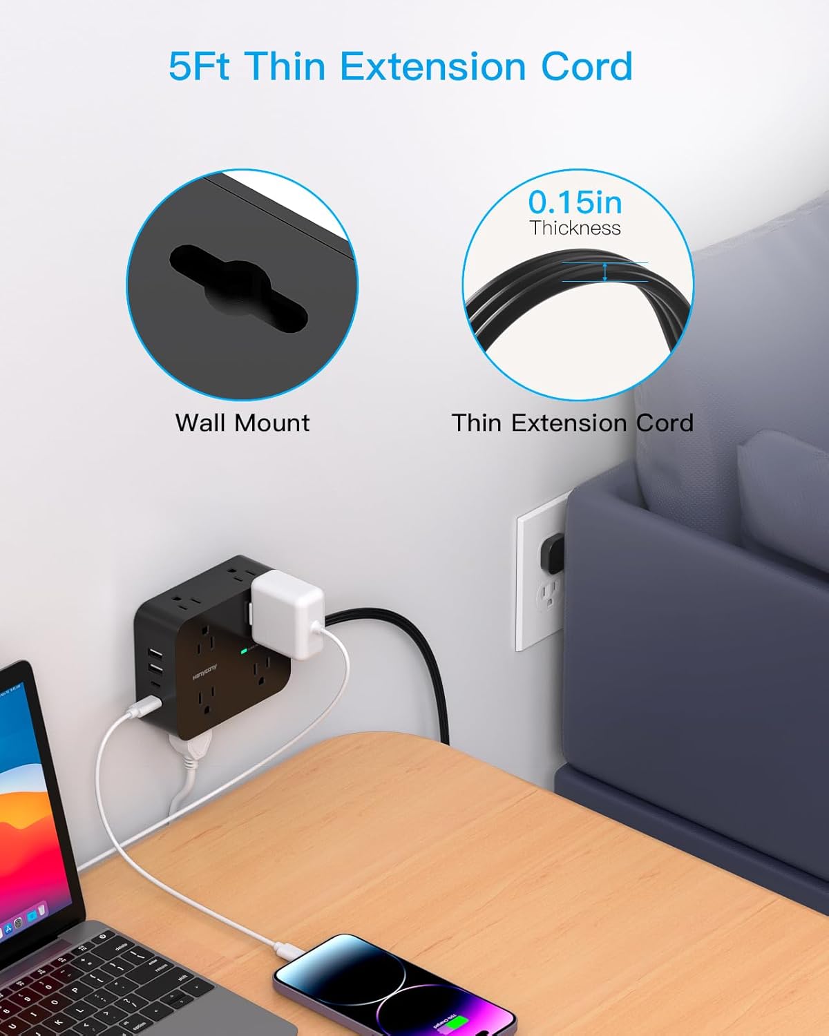 Thumbnail 6 de HANYCONY 5Ft Surge Protector with 8 Outlets ๐