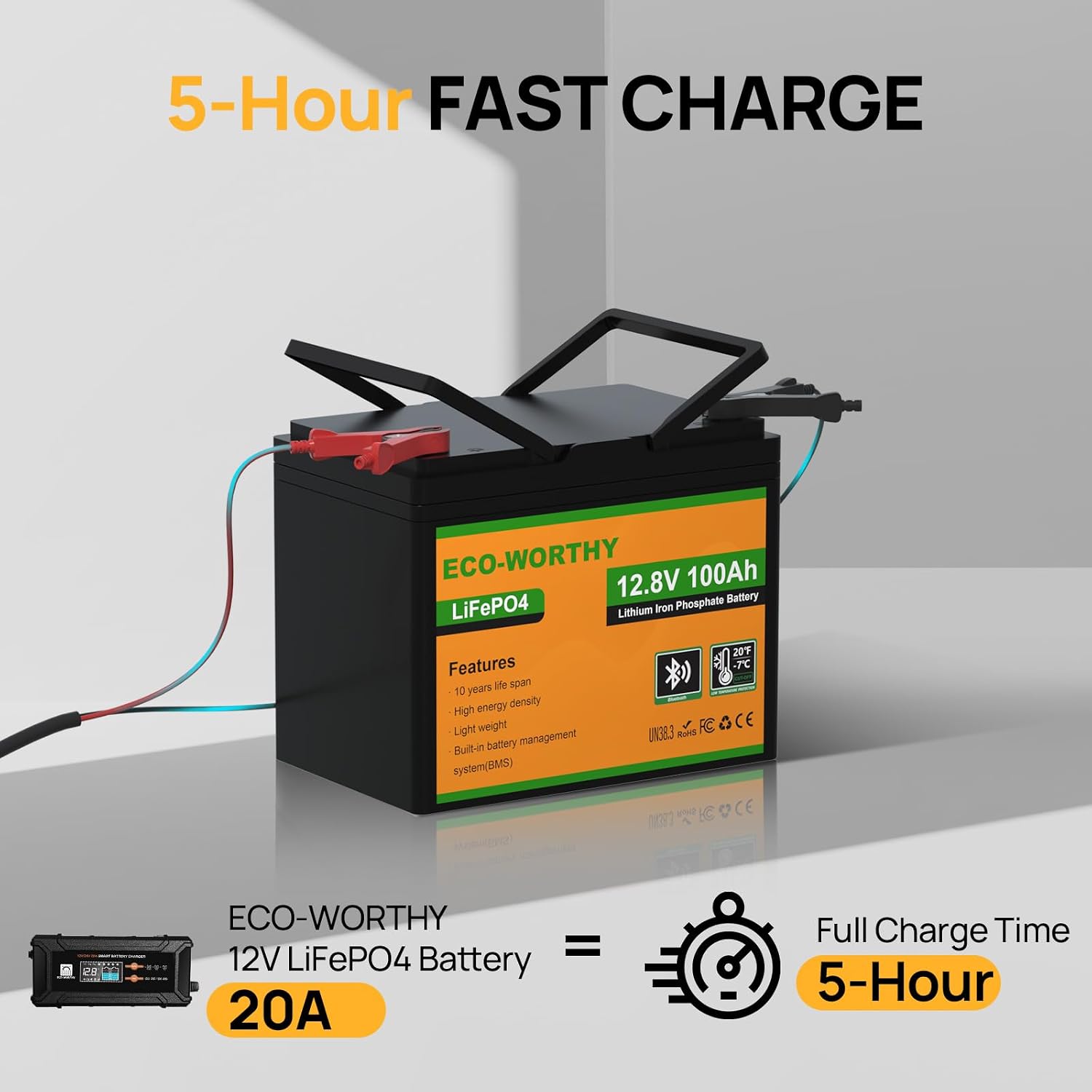 Detalle de ECO-WORTHY 12 V 100 Ah LiFePO4-batteri med Bluetooth och lågtemperaturskydd