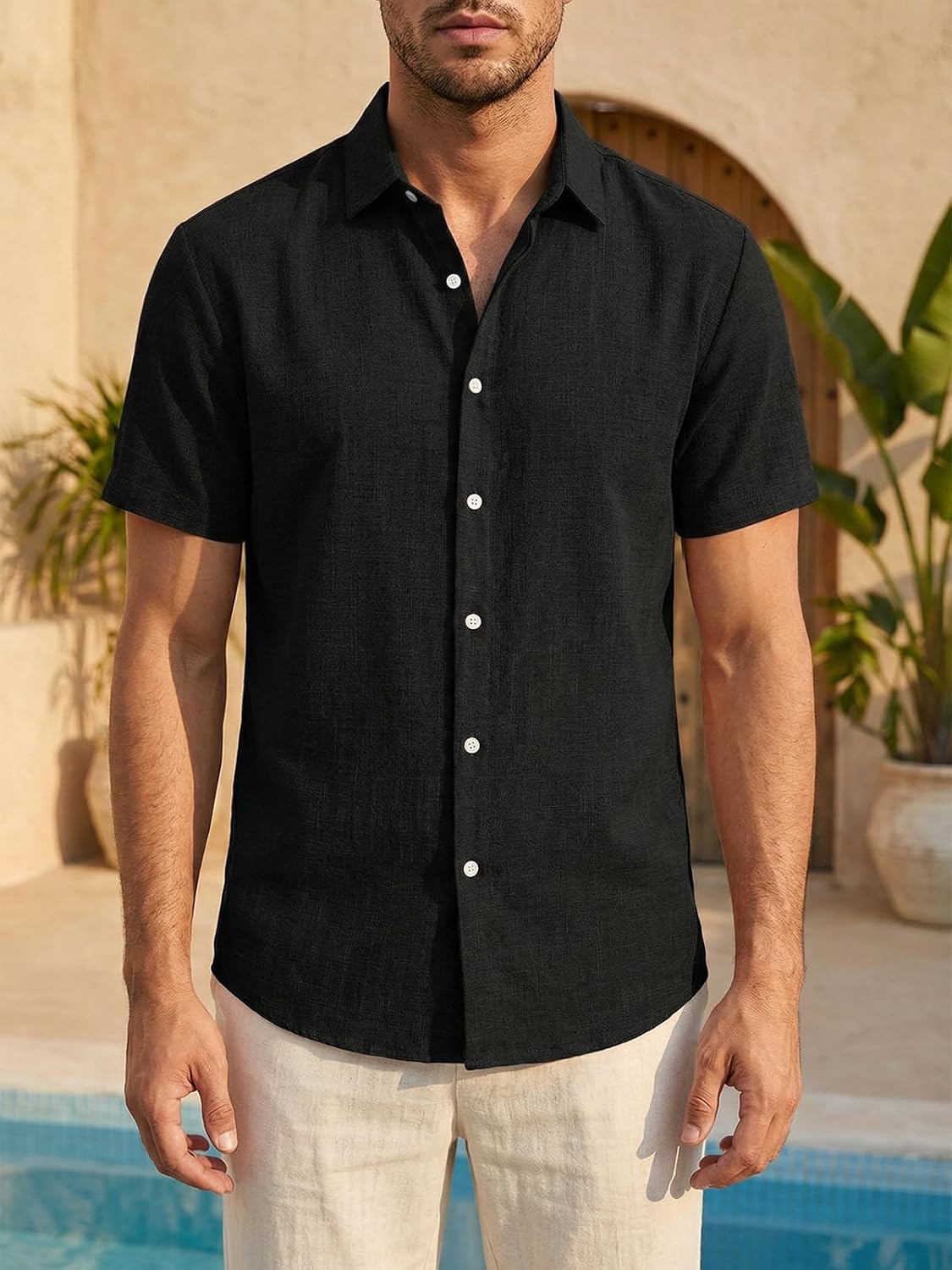 Detalle de Runcati Herren Hemd Kurzarm Leinenhemd – Regular Fit, Sommerleicht & Vielseitig