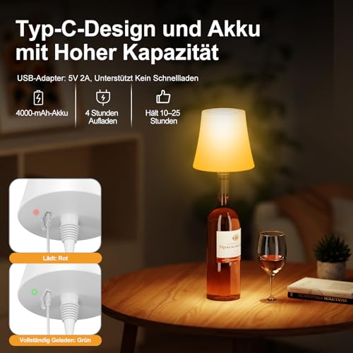 Detalle de Suright Flaschenlampe Aufsatz LED Aufladbar – 3 Farbtemperaturen + 9 RGB-Farben, IP54, USB-C