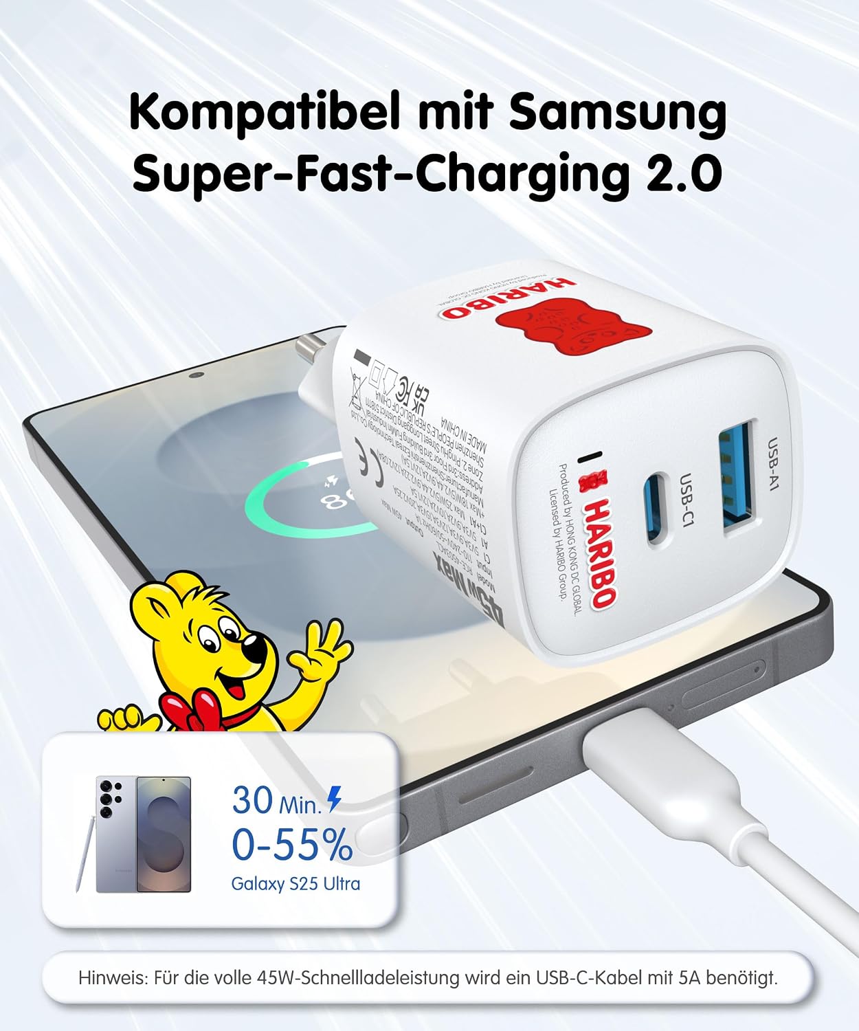 Detalle de Haribo 45W USB-C Ladegerät mit 2 Ports – GaN Schnellladeadapter, PPS, kompakt & reisefertig (Rot)