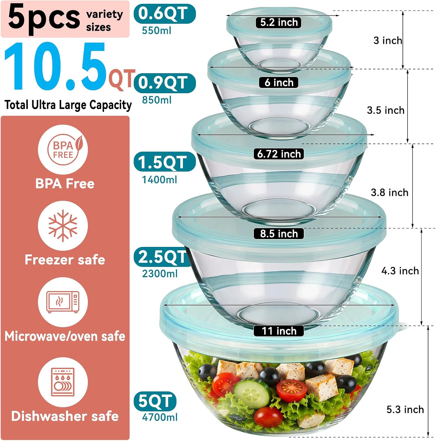 Detalle 2 de YUANYE 5 Pack Glass Mixing Bowls with Lids Set (5/2.5/1.5/0.9/0.6QT) with Nesting Design