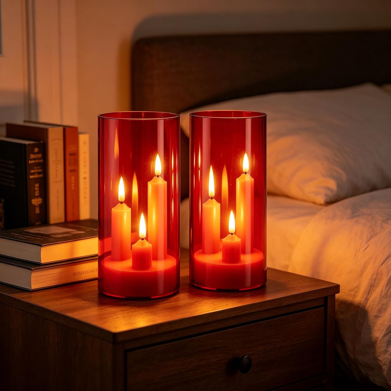 Detalle 2 de Candele LED a Stelo con 3 Nuclei in Custodia Acrilico Rosso — 2 pezzi, telecomando, effetto fiamma realistico