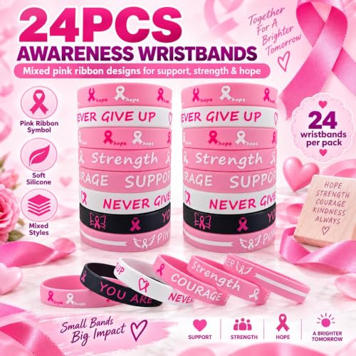 Detalle 2 de OMFJAT Lot de 24 bracelets Octobre Rose en silicone, 6 modèles