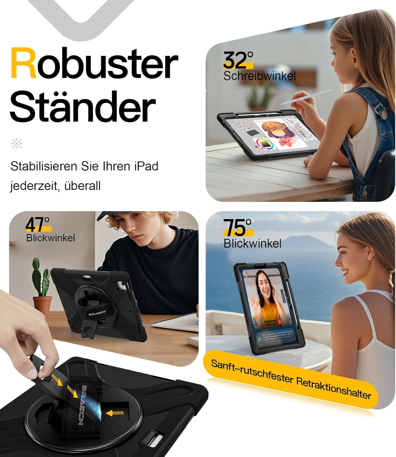 Thumbnail 3 de BRAECN Hülle für iPad Air 13 Zoll M4/M3/M2 (2026/2025/2024) – Stoßfest, 360°-Ständer, Handgurt & Schultergurt