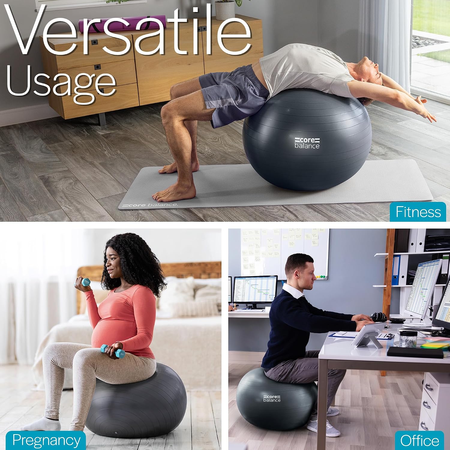 Detalle de Core Balance A-565745-EU Exercise Ball, Anti-Burst PVC, 55–85cm Sizes