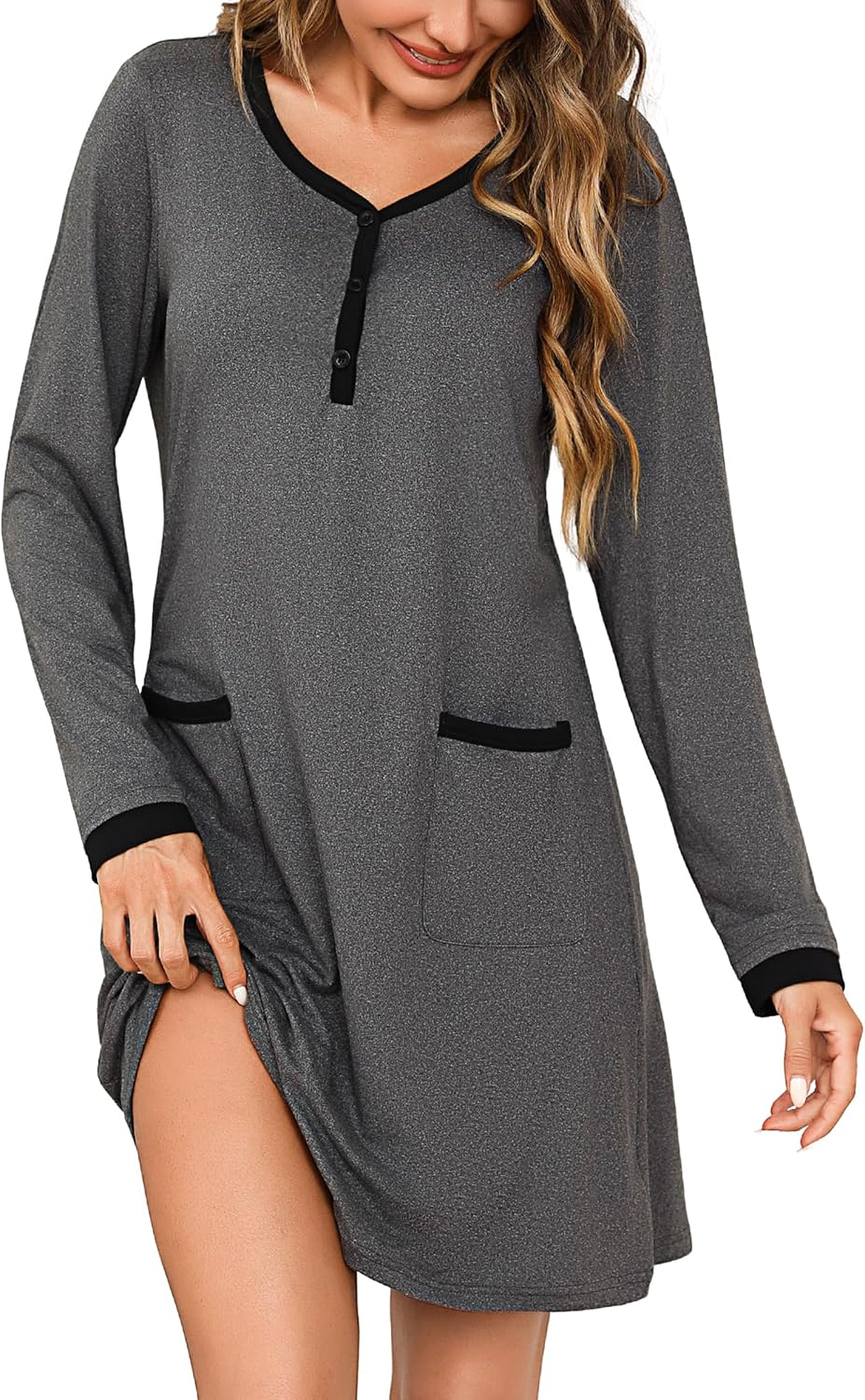 Thumbnail 6 de Litherday Nachthemd Damen Langarm Baumwolle Winter – Schlafshirt mit V-Ausschnitt, Knopfleiste und Taschen
