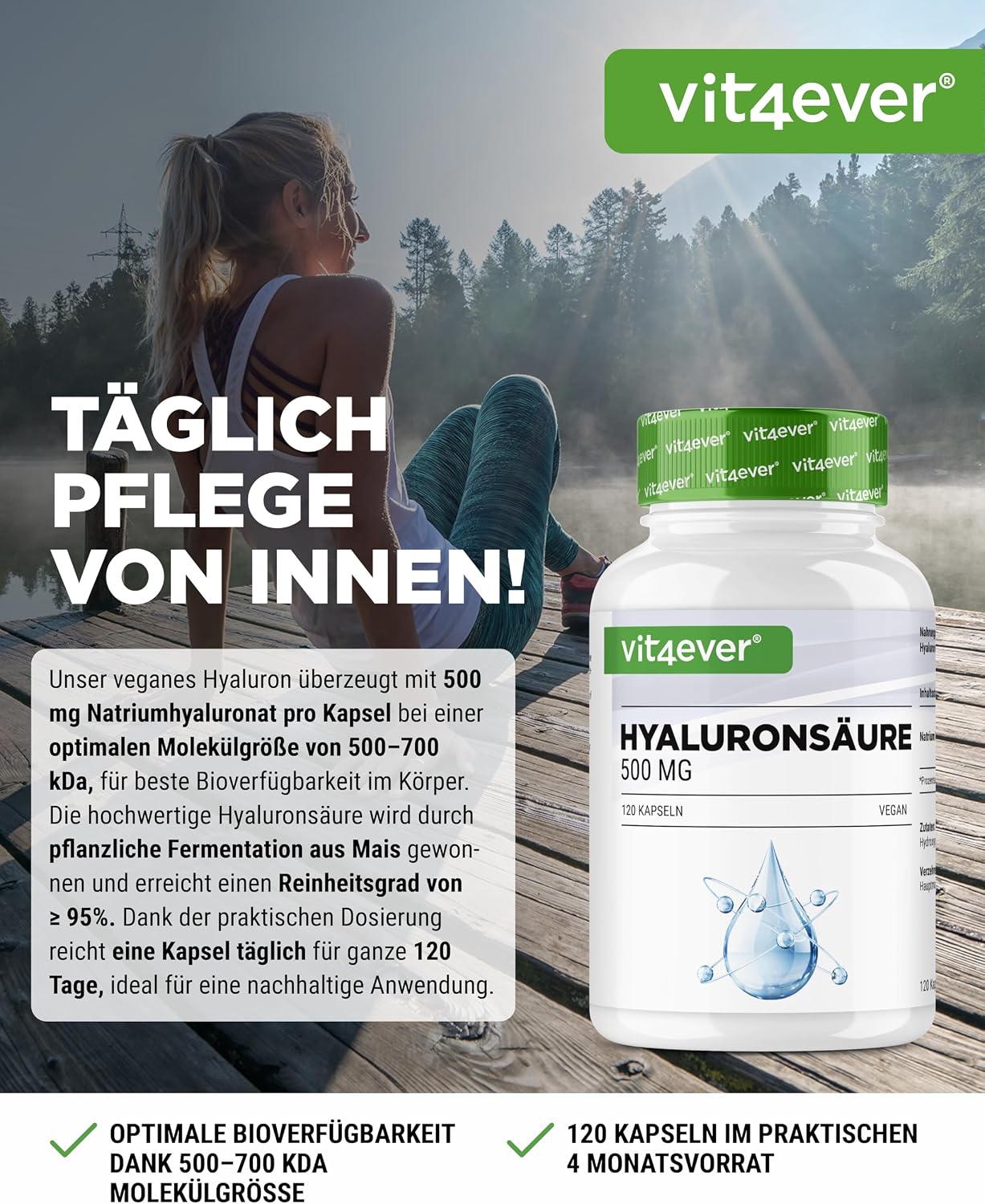 Detalle 2 de vit4ever Hyaluronsäure - 120 Kapseln mit 500 mg Hyaluron für 4 Monate - 500-700 kDa - Aus pflanzlicher Fermentation - Ohne unerwünschte Zusätze, hochdosiert, vegan
vit4ever Hyaluronsäure - 120 Kapseln mit 500 mg…