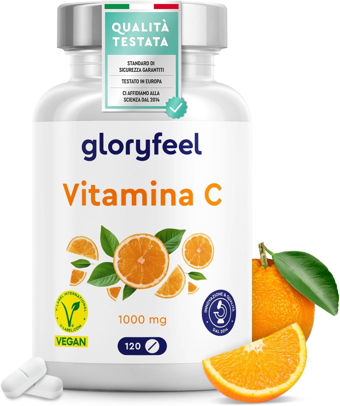Detalle de Vitamina C 1000 mg in compresse vegan di Gloryfeel — difese immunitarie quotidiane, alta purezza