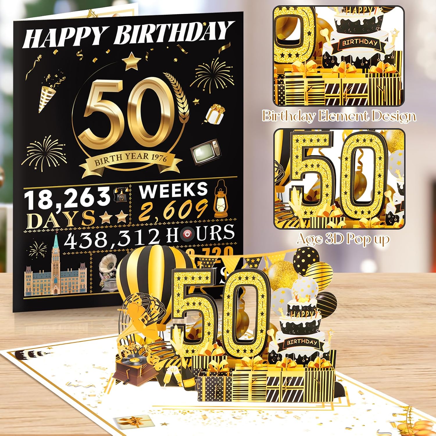Detalle 2 de OLOSONG 50th Birthday Pop-Up Card, Black and Gold 3D Design