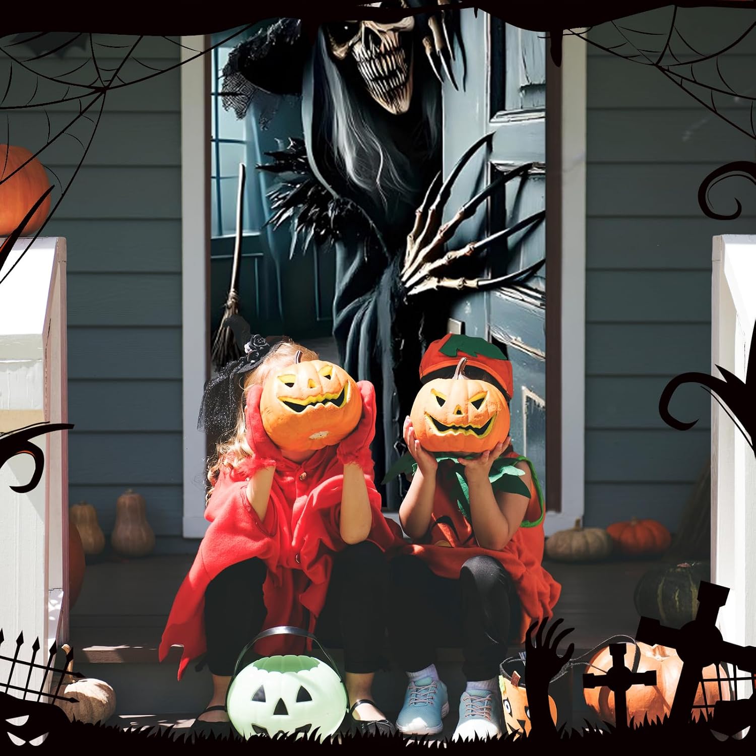 Thumbnail 3 de ILMFMY Halloween-deurbanner 180 x 90 cm met heksenskelet van polyester