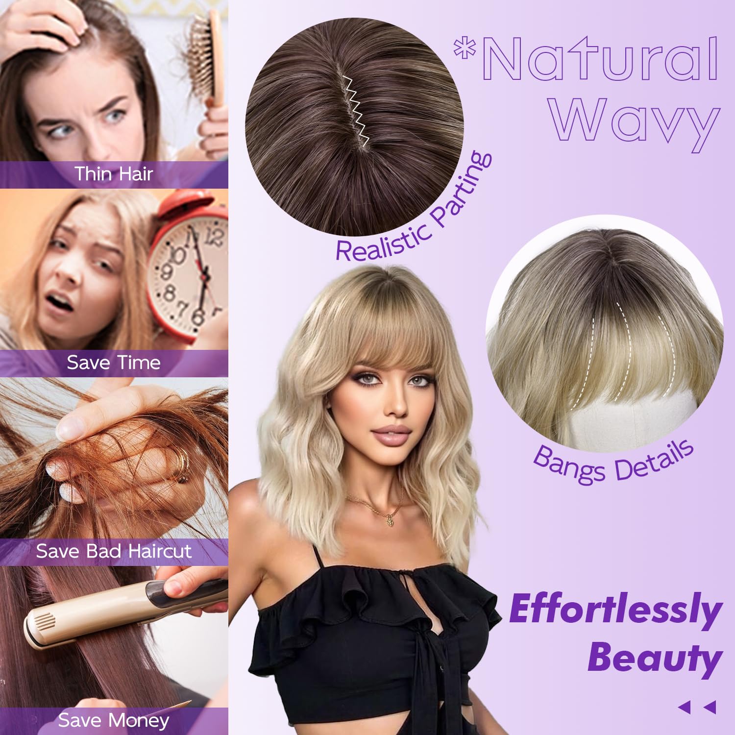 Thumbnail 3 de Short Wavy Wig with Bangs for Women - Ombre Blonde Synthetic Bob Wig