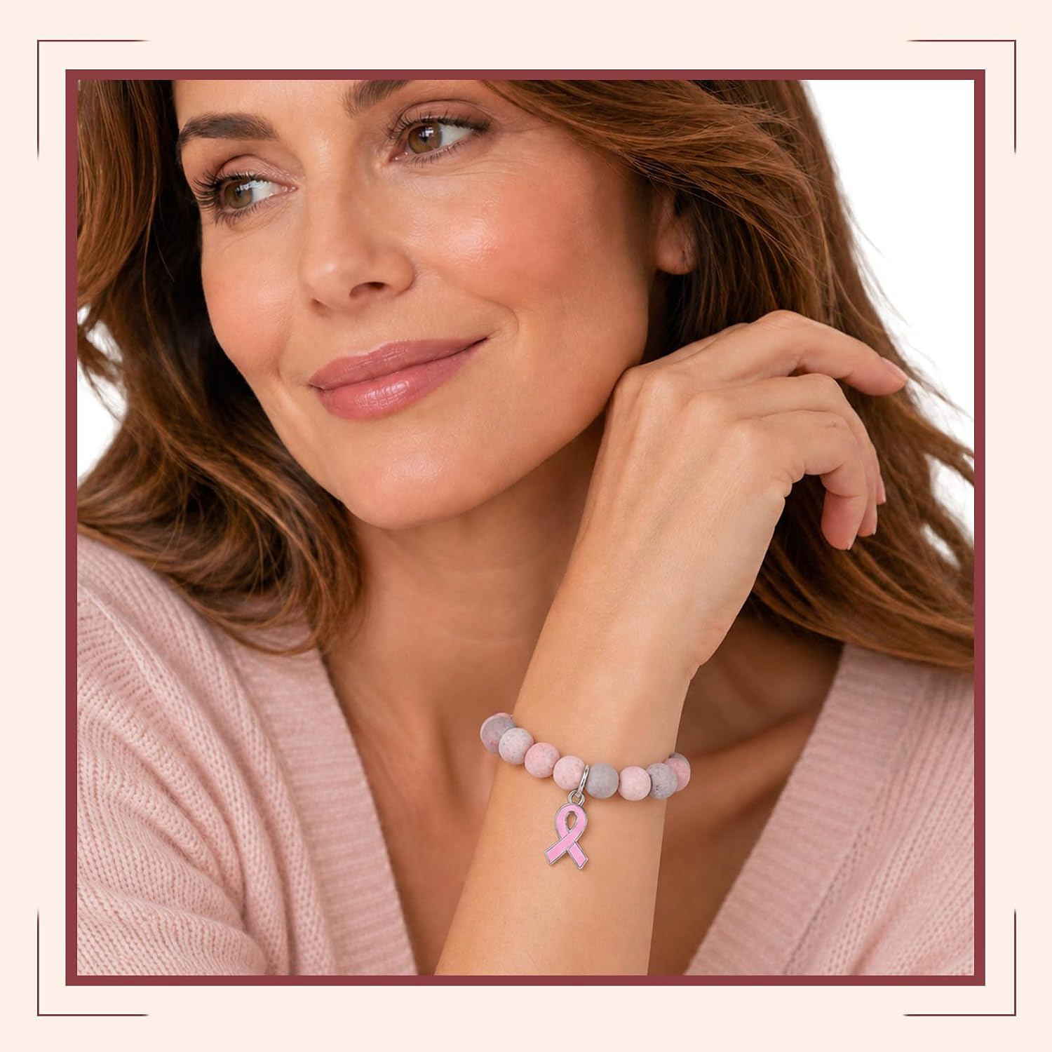 Detalle de Pink Ribbon Awareness Bracelet, Natural Stone Beads