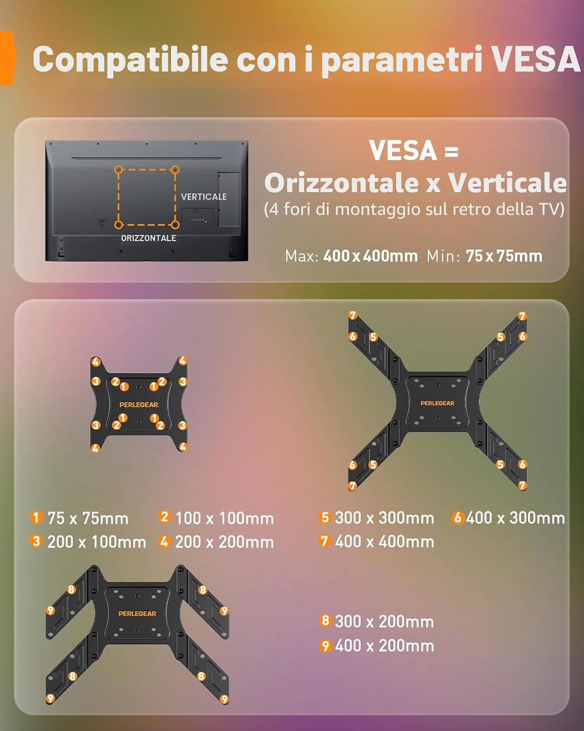 Detalle de Perlegear PGTVM79B: Supporto TV a parete con barra LED 25–60'' e illuminazione sincronizzata