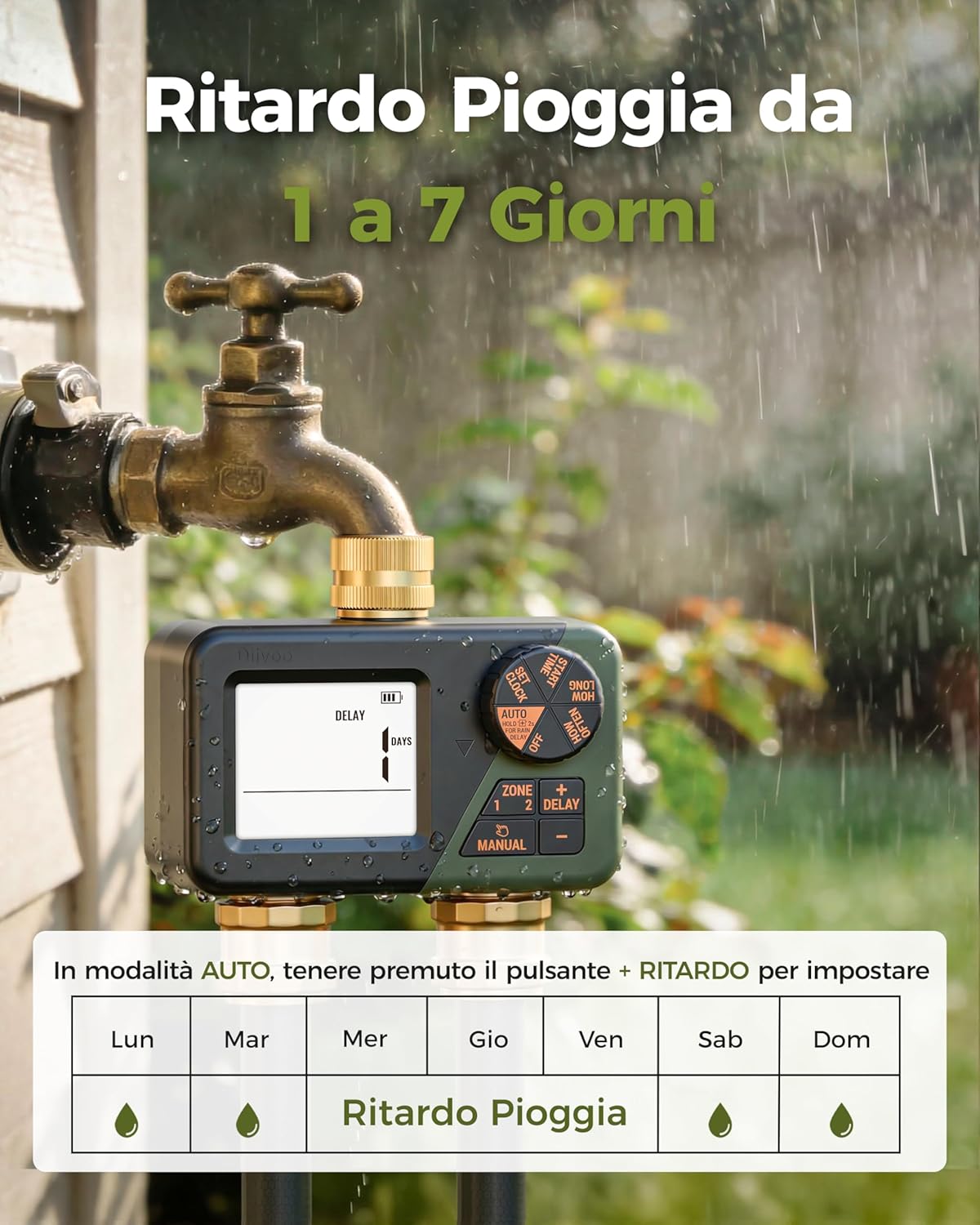 Thumbnail 5 de Diivoo Ottone Timer Irrigazione: Centralina a 2 Vie IP66 con Ritardo Pioggia e Controllo Manuale