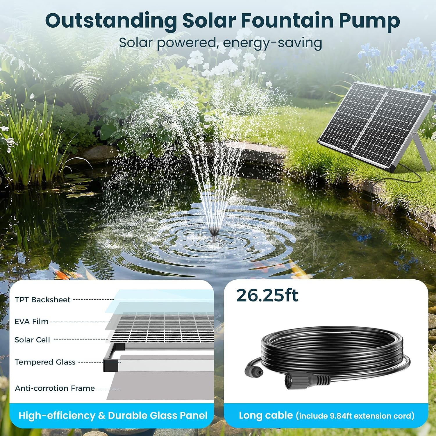 Detalle de Biling 50W Solar Water Fountain with 2100L/H Pump, 3 Nozzles and 8m Cable for Large Garden Ponds