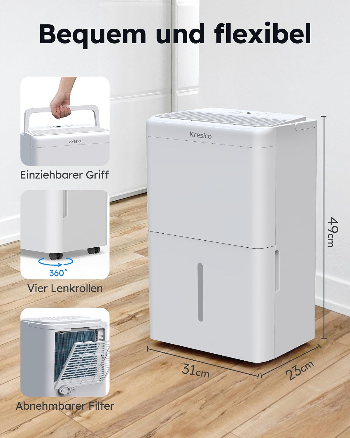 Detalle de Kresico Luftentfeuchter elektrisch 20L/24h (39 dB) für ca. 150 m³/50 m², mit Ablaufschlauch & Timer, R290
