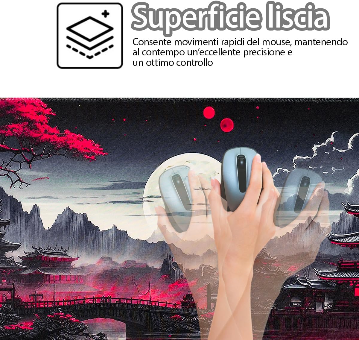 Detalle de Zindoo Tappetino Mouse XXL 900x400x3mm – Tappetino Gaming con stile Anime Nero Giapponese, base antiscivolo