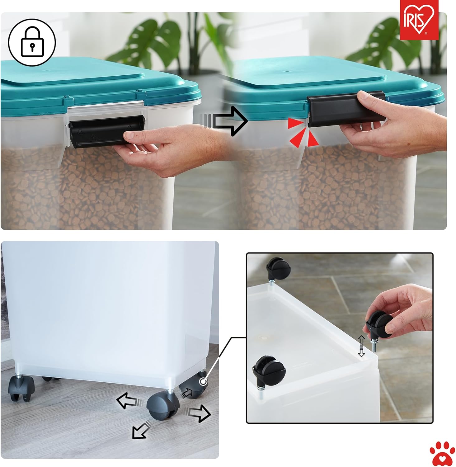 Detalle de Iris Ohyama Boîte Hermétique à Croquettes 40 L / 15 kg avec Roues et Pelle – Bleu Sarcelle