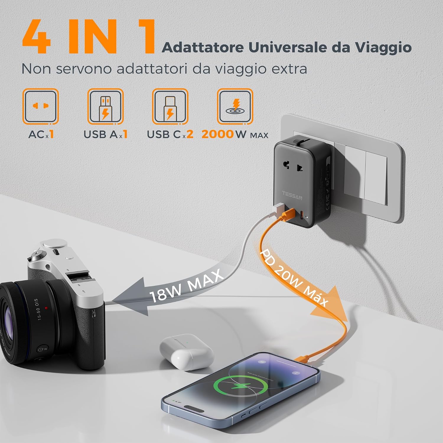 Detalle 2 de TESSAN Adattatore Universale da Viaggio 2000W