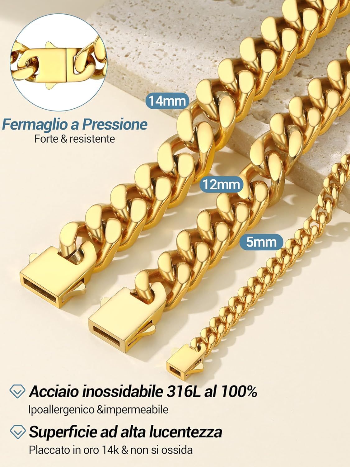 Thumbnail 6 de PROSTEEL Punk Collana Donna a Catena Cubana 5/12/14 mm in Acciaio Inossidabile 316L – Oro lucido o Acciaio metallico