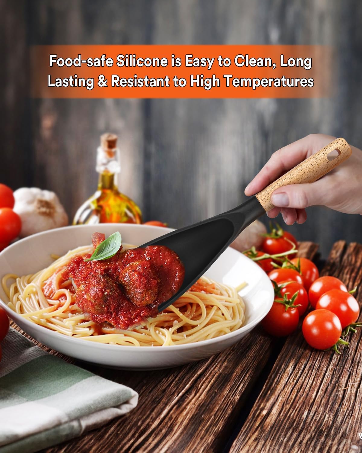 Detalle de Cooking Spoon for Nonstick Cookwares with Wood Handle – 11.4 inch, BPA-Free Matte Silicone