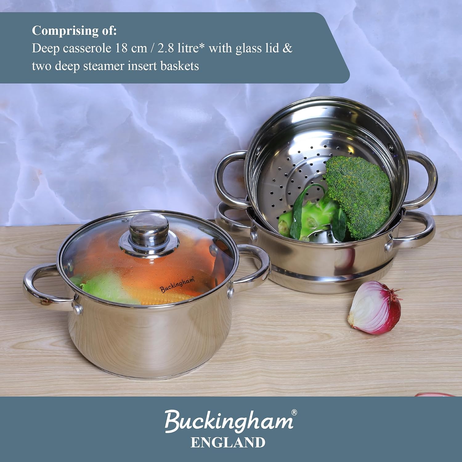 Detalle de Buckingham 3 Tier Premier Steamer Set with Glass Lid (18 cm) – Polished Mirror Stainless Steel, Induction Compatible