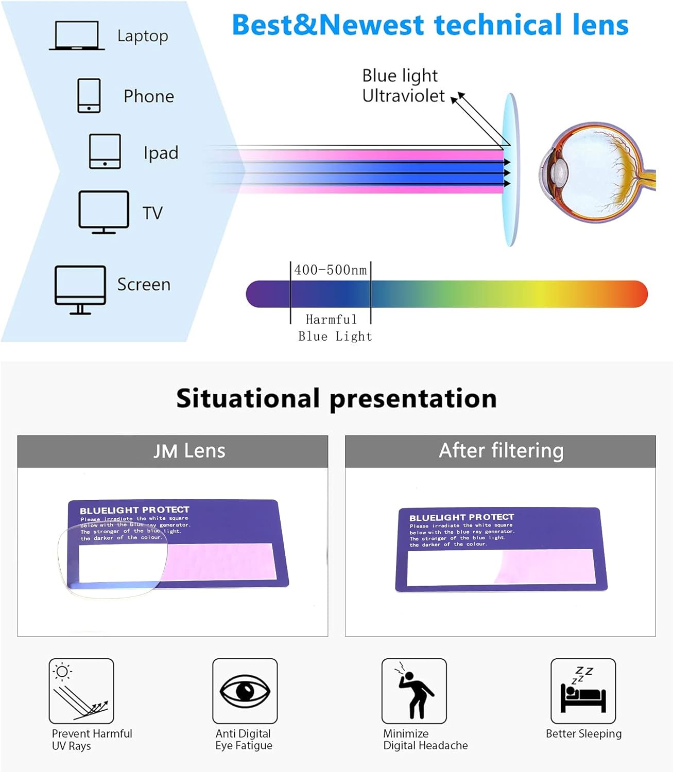 Detalle de JM 3 Pack Oversized Reading Glasses for Women with Blue Light Blocking Lenses & Spring Hinge (Large Square)