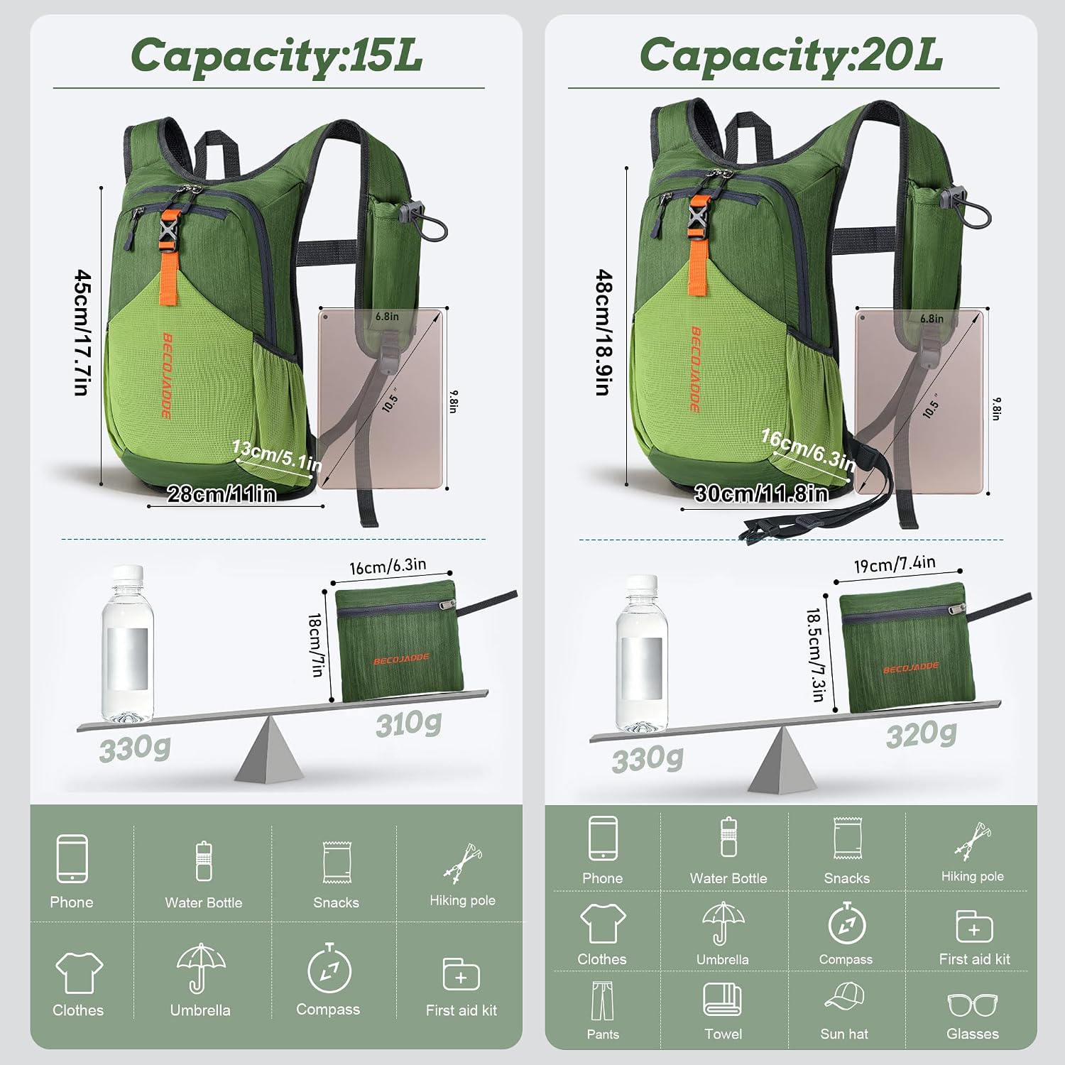 Thumbnail 3 de BECOJADDE Jd4n24052 20L Packable Hiking Daypack with Chest Strap