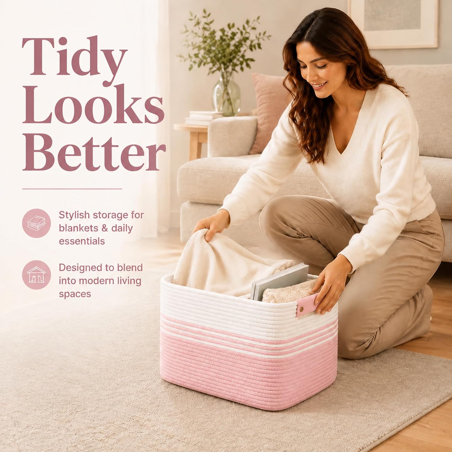 Detalle 2 de ordnestidy 12.8GAL Cotton Rope Storage Basket, White Pink