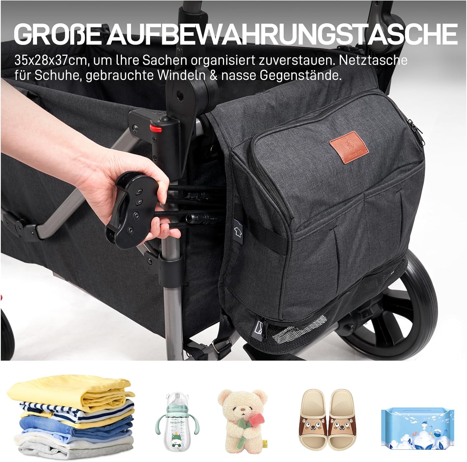 Thumbnail 6 de EVER ADVANCED Bollerwagen für 2 Kinder faltbar mit Dach, 5-Punkt-Sicherheitsgurt und Wickelrucksack