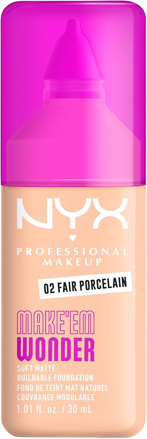 Detalle de NYX Professional Makeup Make ’Em Wonder Fondotinta Soft Matte, Coprenza modulabile, Tenuta fino a 24H, Fair Porcelain (30 ml)
