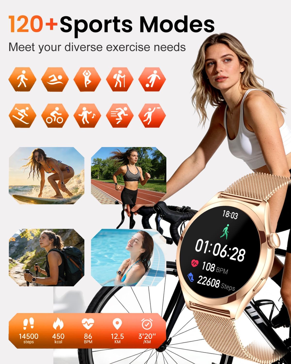 Detalle de Fitonme Smart Watches for Women (Rose Gold) with Bluetooth Calling, 1.27″ HD Curved Display
