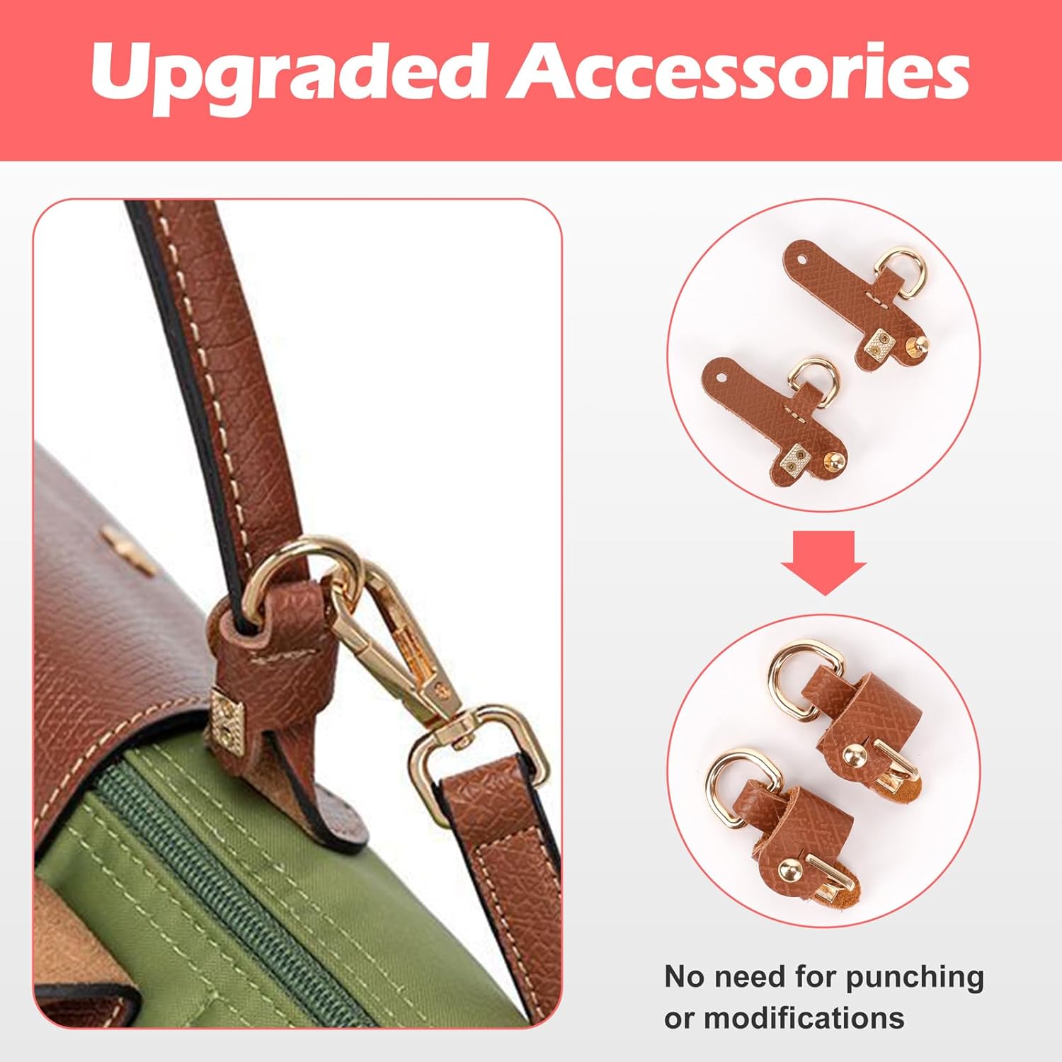 Detalle de GADITIEK Leather Brown adjustable strap for Longchamp mini bag