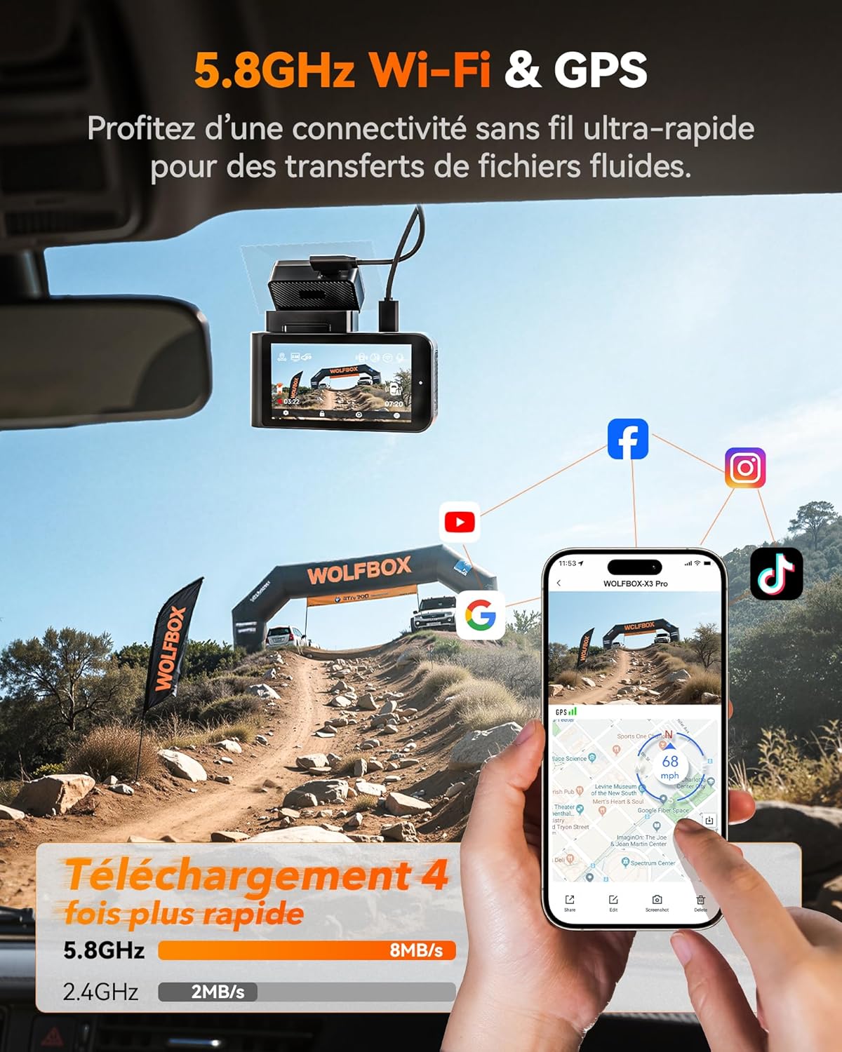 Thumbnail 6 de WOLFBOX X3 Pro Dual Starvis 2 (IMX675) — Dashcam avant arrière 1440P 60FPS + ADAS, GPS et Wi‑Fi 5,8 GHz